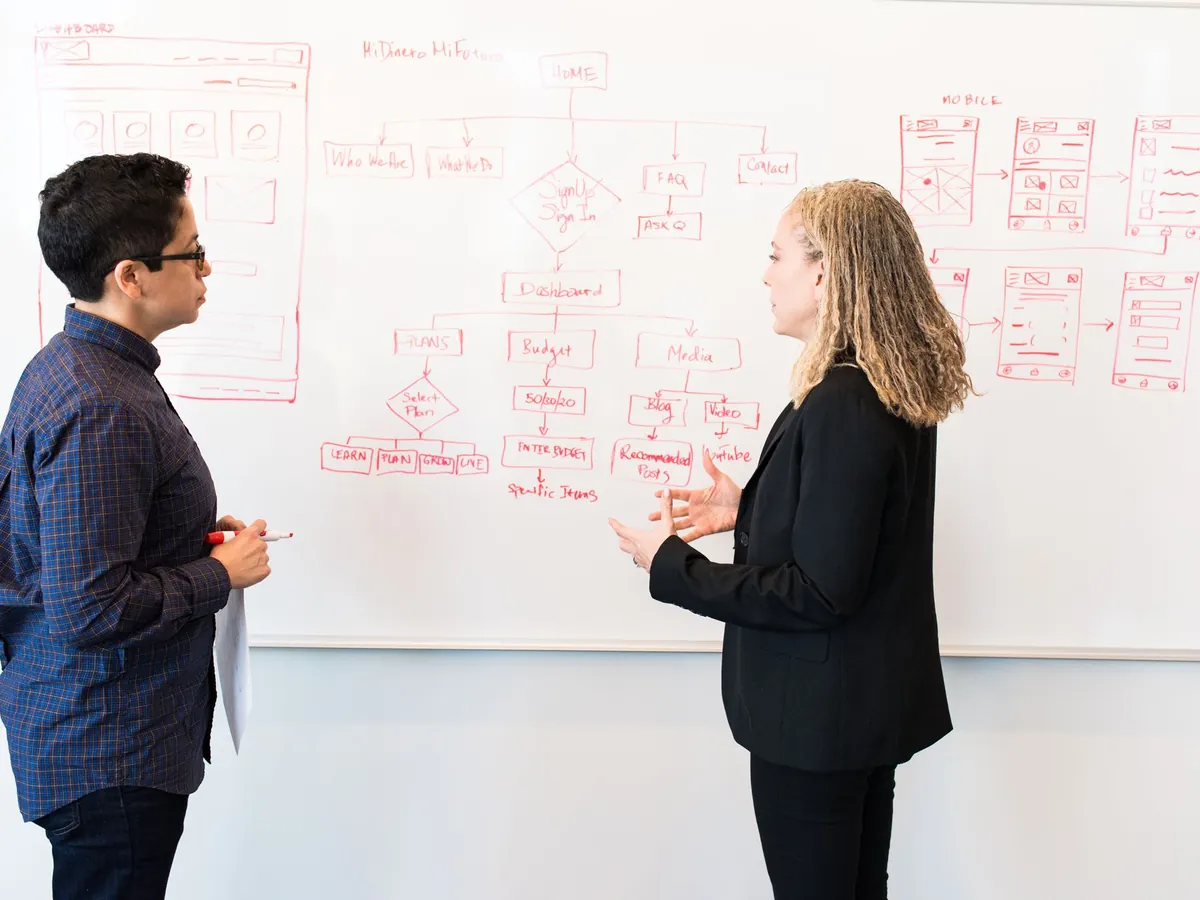 Deux professionnels réfléchissant à des idées de marketing digital devant un tableau blanc