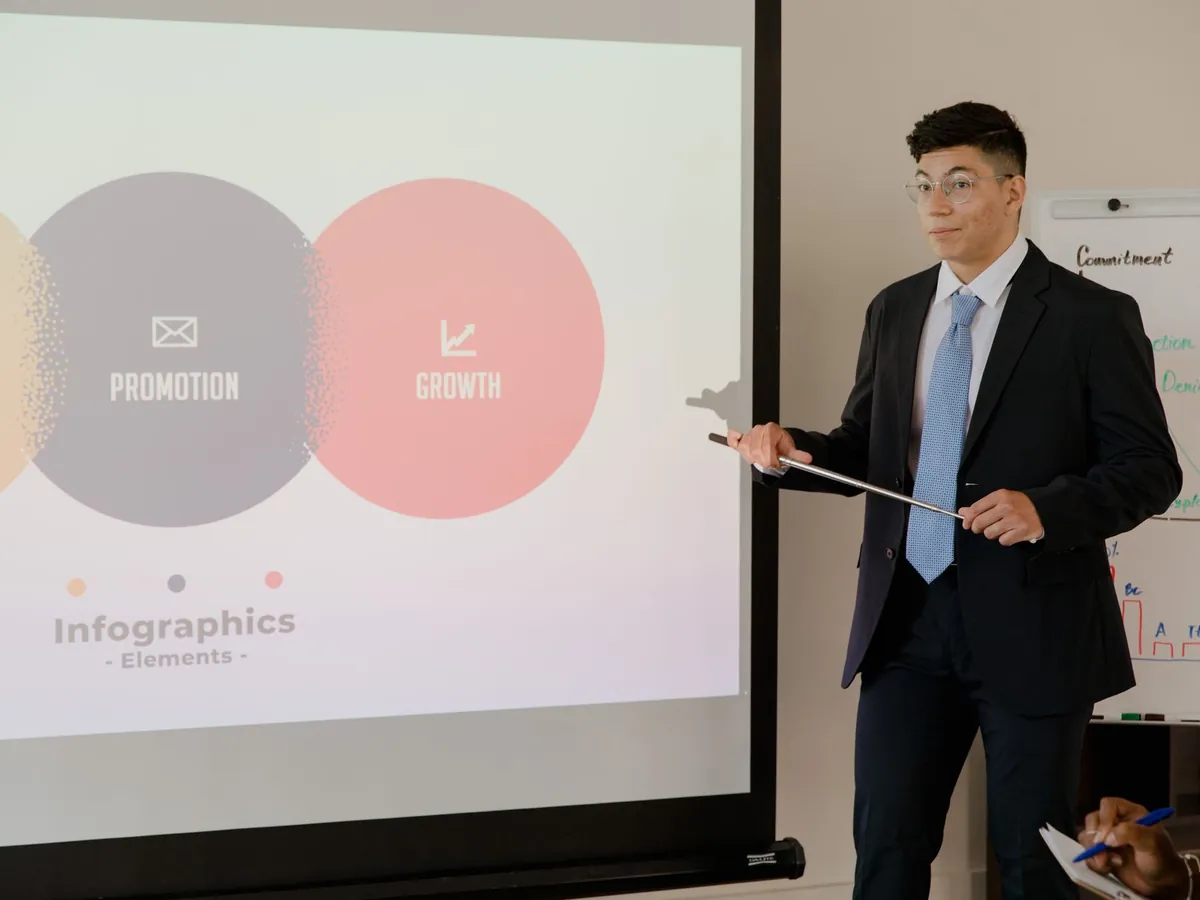 Homme d'affaires confiant présentant des infographies sur la promotion et la croissance en réunion
