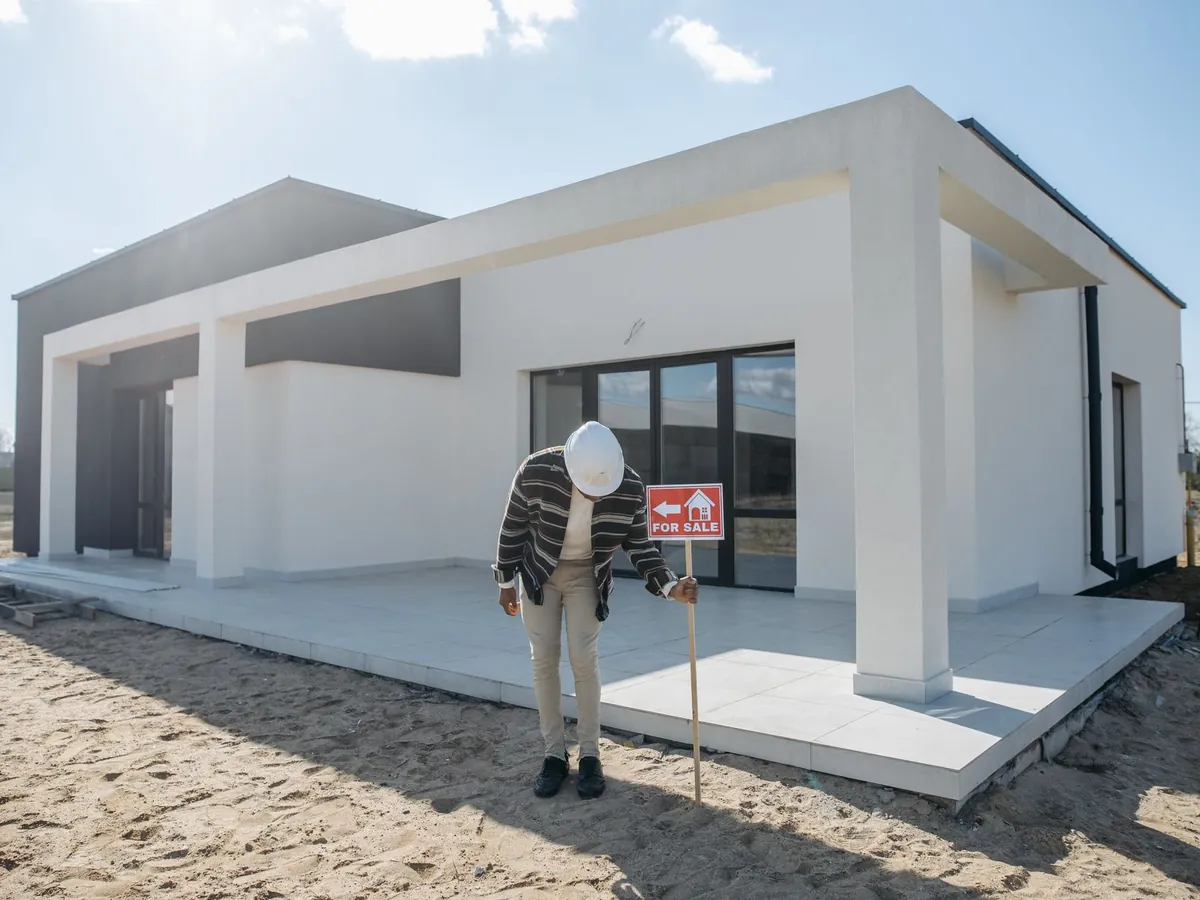 Agent immobilier en casque de chantier, debout devant une maison moderne à vendre