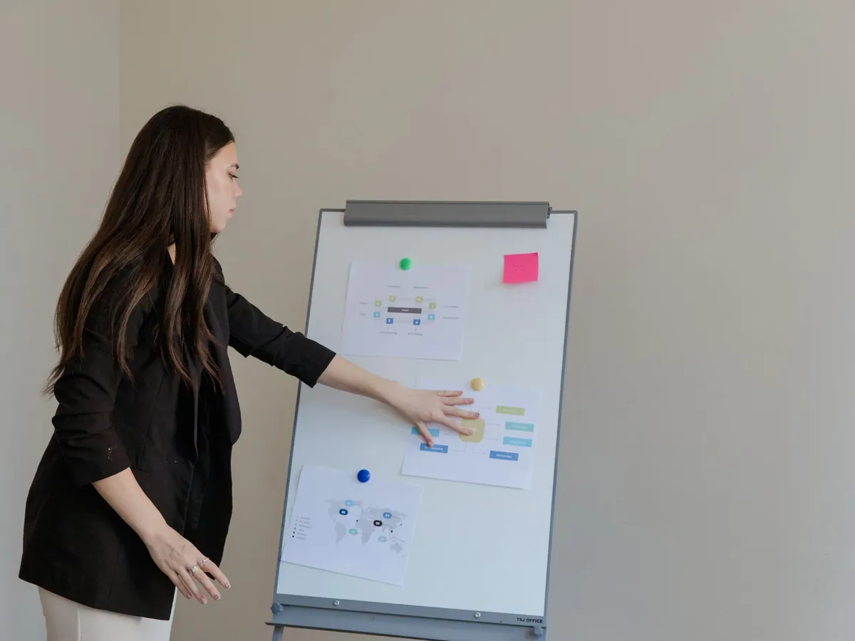 Jeune femme présentant à l'aide d'un tableau de papier dans un bureau