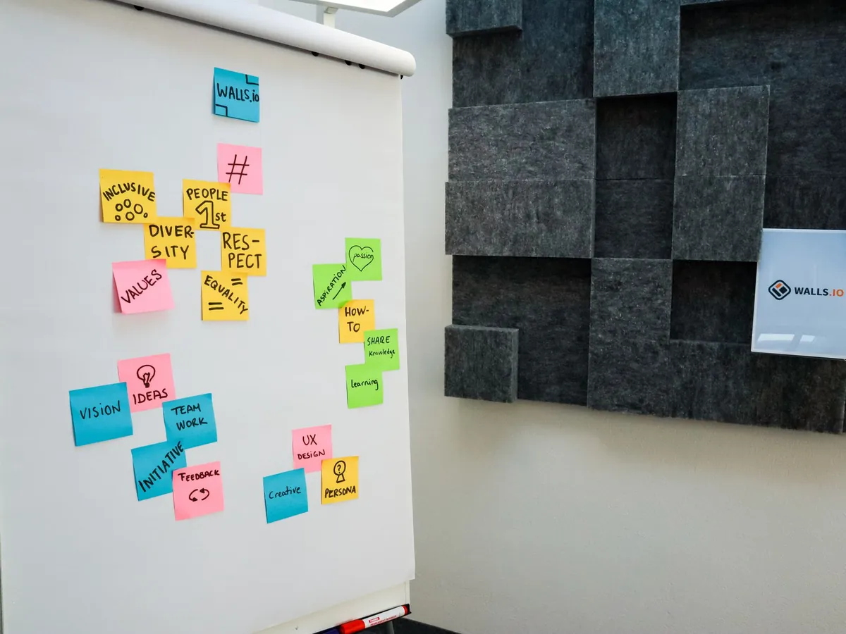 Post-it colorés sur un tableau blanc dans un bureau, favorisant la créativité et la collaboration