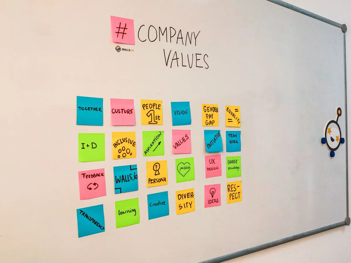 Post-it colorés sur un tableau blanc, autour des valeurs de l'entreprise et du travail d'équipe