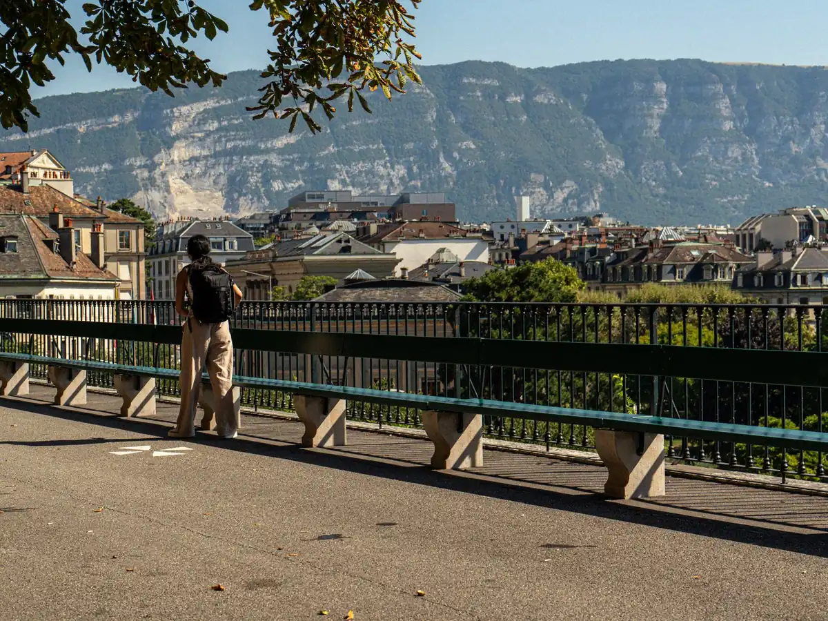 Vue pittoresque de Genève avec les monts du Salève et la ville, et un voyageur solitaire