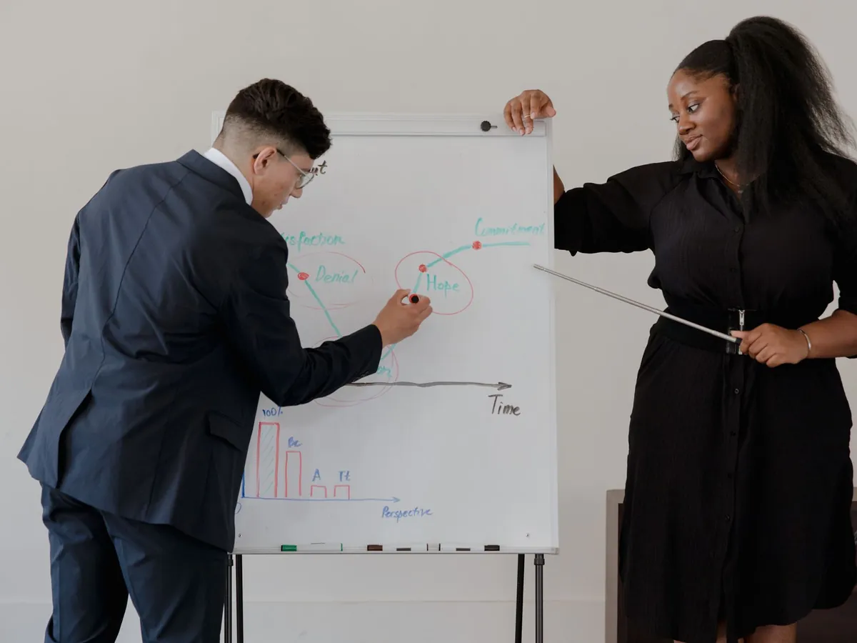 Deux professionnels en réunion présentant des diagrammes sur un tableau de conférence