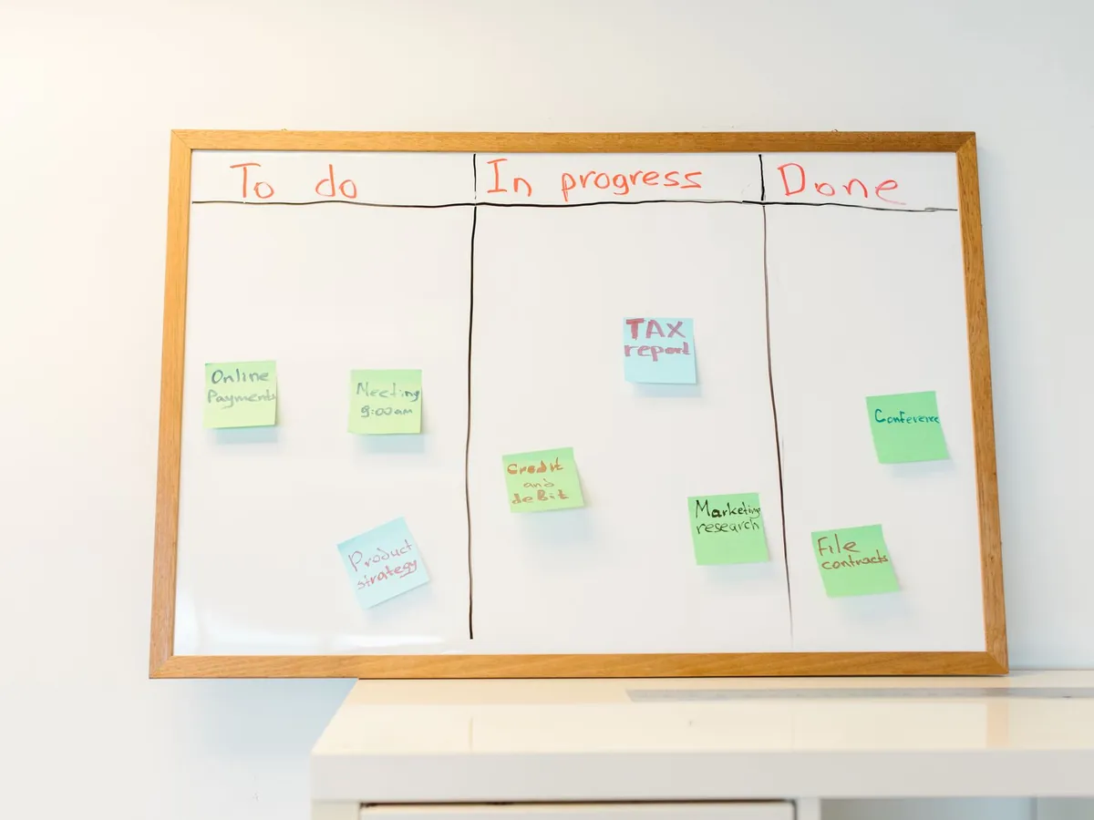 Tableau blanc avec des post-it colorés classés en à faire, en cours et terminé, pour la gestion de tâches