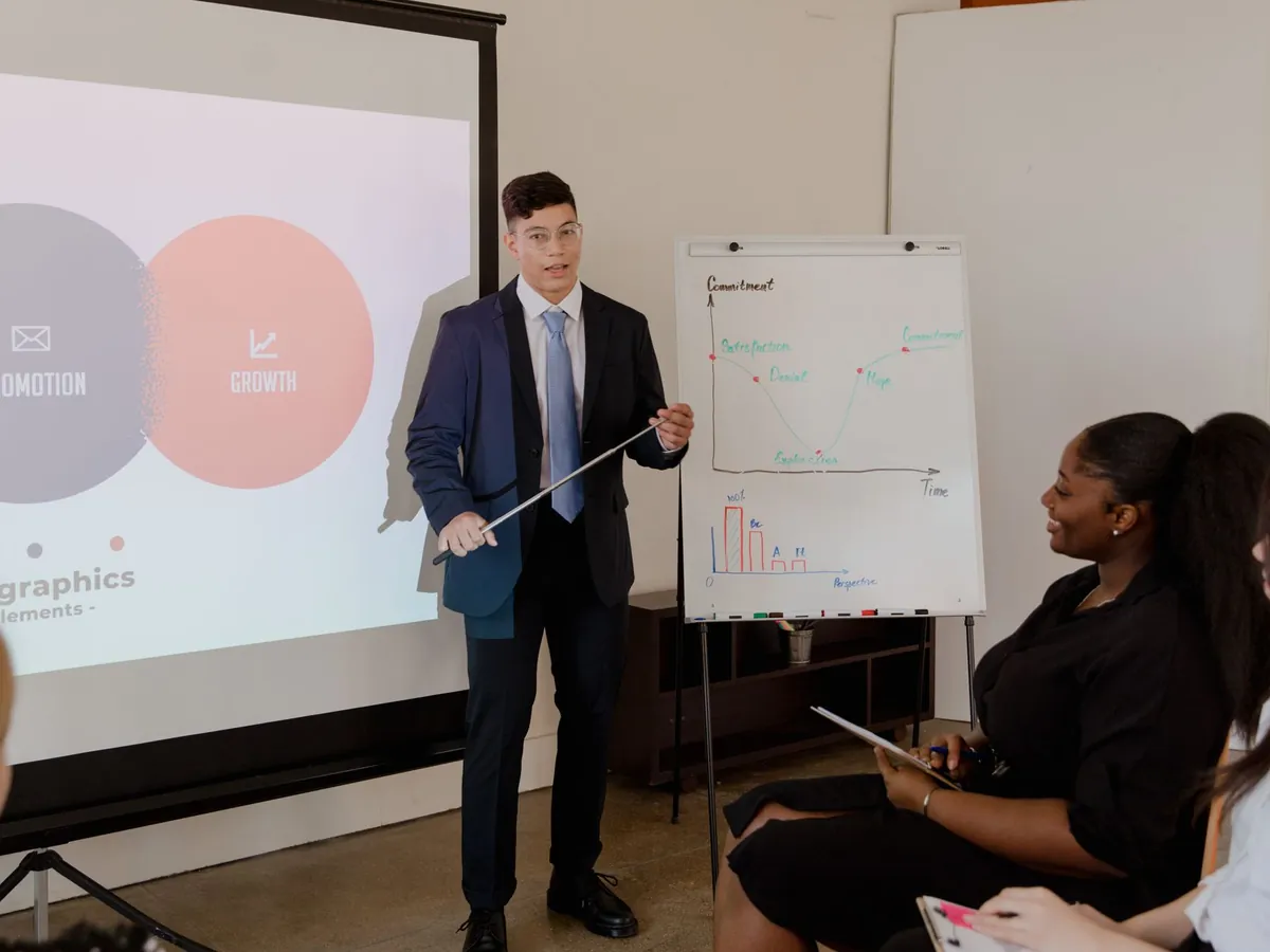 Jeune professionnel présentant une stratégie de croissance à l'aide de graphiques, en réunion
