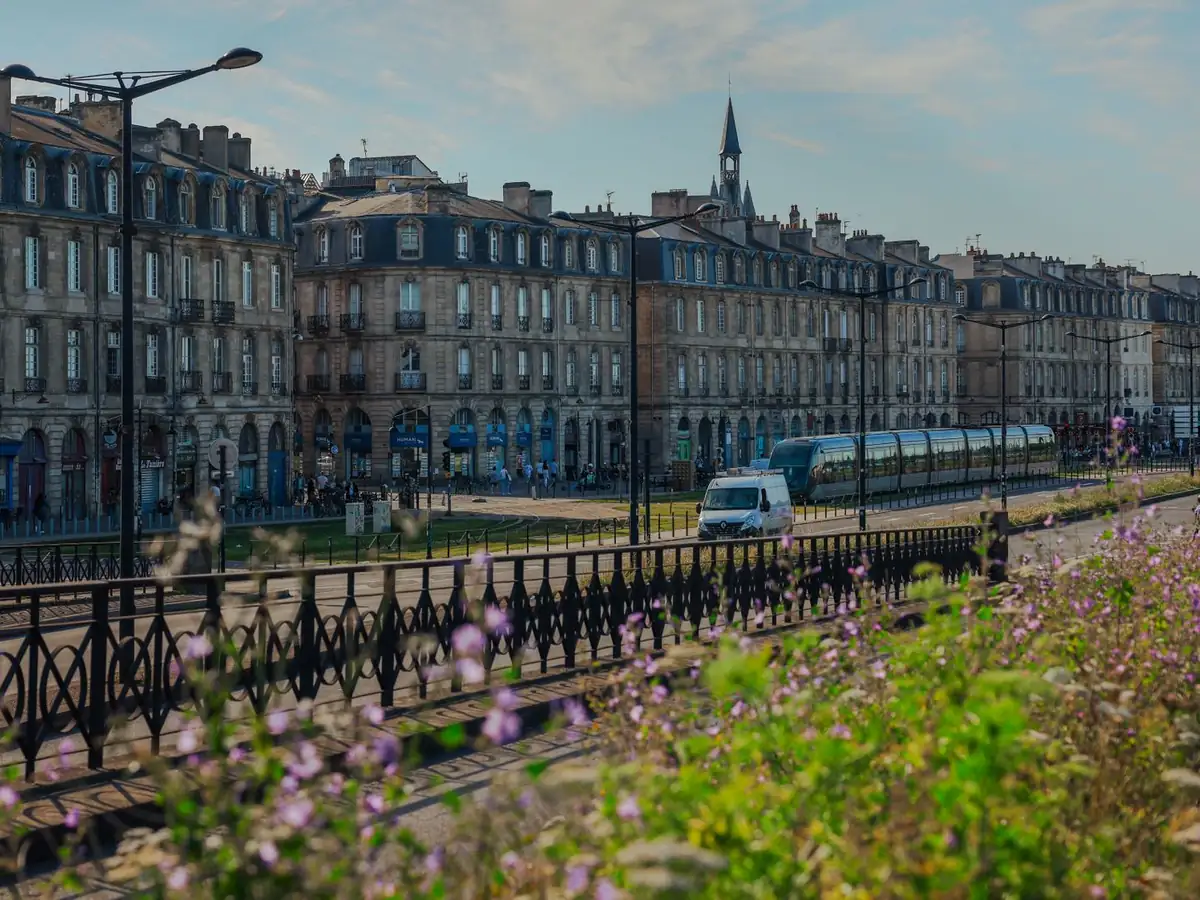 Vue charmante de bâtiments historiques et d'un tramway à Bordeaux, avec des fleurs au premier plan