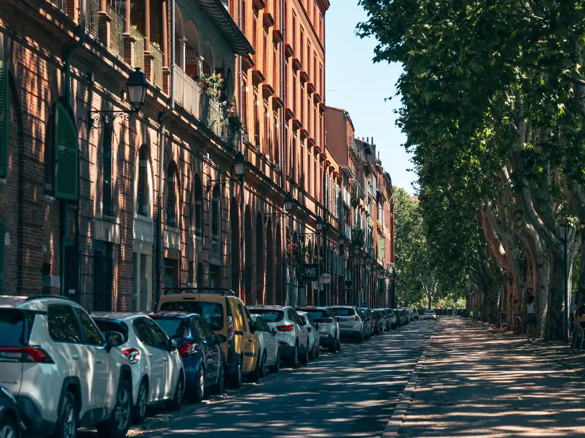 Vue pittoresque d'une rue bordée d'arbres avec voitures et bâtiments historiques à Toulouse
