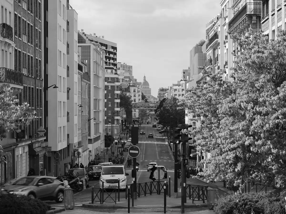 Vue de rue en noir et blanc sur Paris, avec un monument emblématique au loin