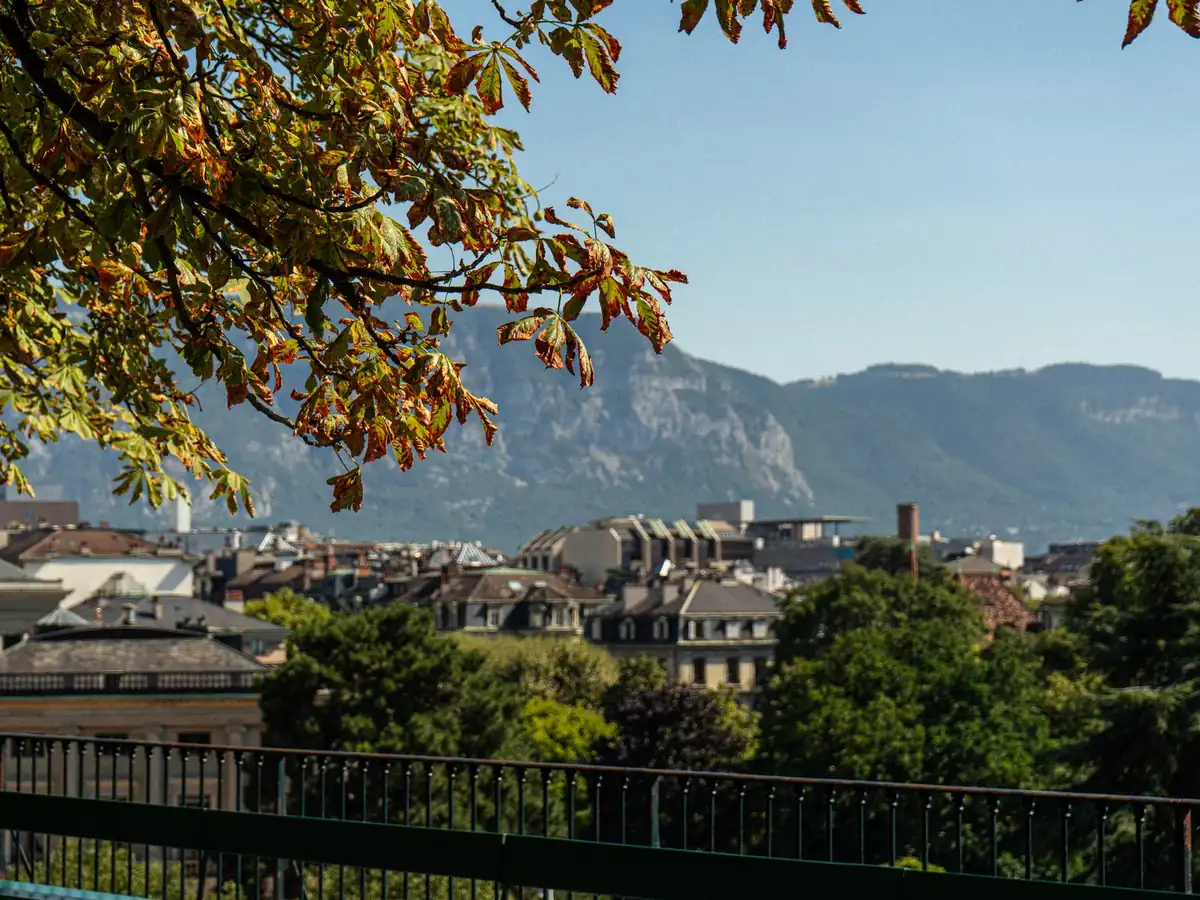 Panorama de Genève en automne, feuillage coloré et montagnes en toile de fond