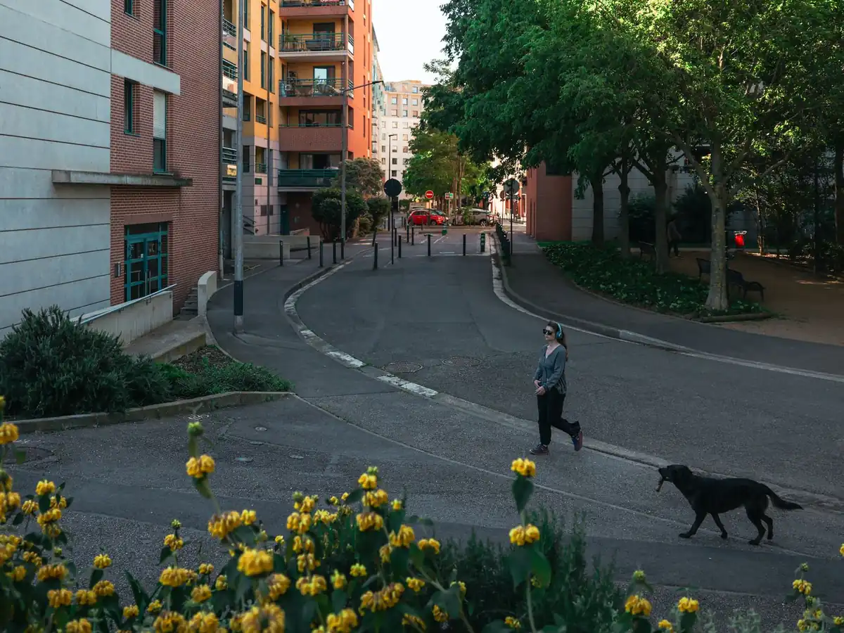 Rue paisible de Toulouse, une femme promenant son chien au milieu de la verdure